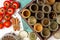 Closeup spices and herbs jars. Food, cuisine ingredients. Wooden box.