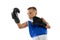 Closeup sportive little boy, kid in boxer gloves and shorts training isolated on white studio background. Concept of