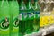 Closeup of sprite soda bottles in supermarket