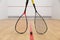 Closeup squash game racquet and ball training equipment