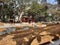 Closeup of Sri Veeranjaneya temple opposite of Madduramma Devi and Yallamma Devi Temple. Work of Flyover on Chord Road as part of