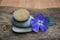 Closeup of stacked flat stones and a greater periwinkle on a wooden table - zen energy concept