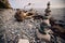 Closeup of stacked stones near the driftwood on the beach in Rugen, Germany