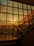 closeup of stairs glass wall with morning sunlight