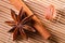 Closeup star anise, cinnamon bark and hazelnut