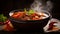 A closeup of a steaming bowl of hearty goulash soup