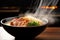 closeup of steaming ramen in a white bowl