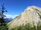 A closeup of a steep mountain within the Rocky Mountains along the sulphur skyline hike in Jasper National Park, Alberta, Canada