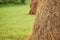 Closeup of straw haystacks on green field, blurred trees in background, falling rain visible