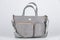 Closeup studio shot of gray color multifunction multipurpose utility zipper newborn baby toddler mommy handbag with milk bottle