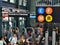 Closeup Subway Sign New York MTA Train Station Commuter Rush Hour Busy People