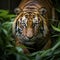 Closeup Sumatran tiger stealthily stalking in jungle