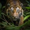 Closeup Sumatran tiger stealthily stalking in jungle