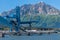 Closeup SUNEEL coal crane and transport belt on pier, Seward, Alaska, USA