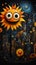 Closeup of a sunflower in the city with a mechanical owl in the