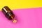 Closeup supplements vitamins bottle on wood background