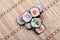 Closeup sushi roll on bamboo mat