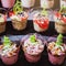 Closeup of sweet tasty dessert on modern table buffet. tiramisu dessert in glass.