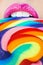 A closeup of a swirl rainbow lollipop and pink lips