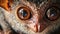 Closeup of a tarsiers face with its large eyes dominating the image. Its curious gaze seems to pierce through the screen