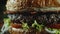 Closeup of tasty burger with beef patty, tomato and lettuce. Generative AI