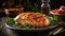 Closeup of tasty roast chicken breast served on plate . Delicious food. Grilled chicken. Generative AI