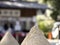 Closeup of Tatezuna, cone-shaped sand with pine needles atop, in Kamigamo shrine, Kyoto, Japan