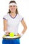 Closeup on tennis player balancing ball on racket