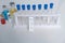 Closeup test cassette, medical disposable sterile antigenic test kit for rapid test covid-19, early detection of viral disease