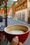 Closeup Texture of Half Cup of Hot Cappuccino Coffee in Woman`s Hand against Blurry Old Town