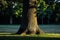 Closeup of a thick oak tree trunk in the park