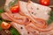 Closeup of thin slices of italian mortadella