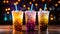 Closeup of three colorful milk-free bubble boba tea cocktail drinks