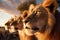 Closeup of three lions in the savanna at sunset - Generative AI illustration
