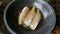 Closeup Three White Fishes Fry in Boiled Oil on Metal Pan