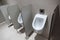 Closeup of three white urinals in men`s bathroom design of white ceramic urinals for men in toilet room, Loft wall