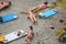 Closeup of tiny model figurines on a nudist beach