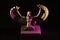 Closeup to a Isis. female old winged egyptian god mini figurine iluminated with yellow and pink lights
