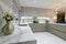 closeup to white modern marble kitchen furniture in studio space