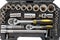 Closeup tool box kit set of wrenches and bits with layout isolated