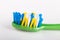 Closeup of toothbrush with uneven round tip bristle