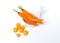 Closeup top, sliced orange pepper on a white background Concepts, food and food ingredients to add flavor.on the White Blackground