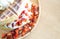 Closeup top view waffle strawberry ice cream on wood plate, selective focus