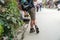 Closeup tourist with backpack in Sapa tourism town, Lao Cai, northern Vietnam