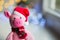 Closeup toy pig in Santa hat and scarf sitting near window in daylight with garland lights on background.