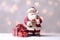 closeup of a toy Santa Claus figurine holding a gift, set against a captivating bokeh background.