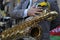 Closeup of a traditional balkan musician playing brass instrument