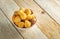 Closeup of traditional brazilian party snack mix with coxinha, kibe, and other fried snacks on table