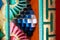 Closeup of traditional Tibetan ornament on the walls of Five Pagoda Temple in Hohhot, China