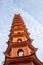 Closeup of the Tran Quoc Pagoda against a blue sky with whisky white clouds, Hanoi, Vietnam